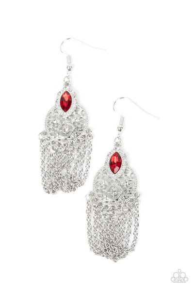 PRESSED FOR CHIME - RED RHINESTONE SILVER EARRINGS - PAPARAZZI