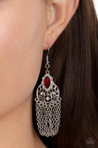 PRESSED FOR CHIME - RED RHINESTONE SILVER EARRINGS - PAPARAZZI