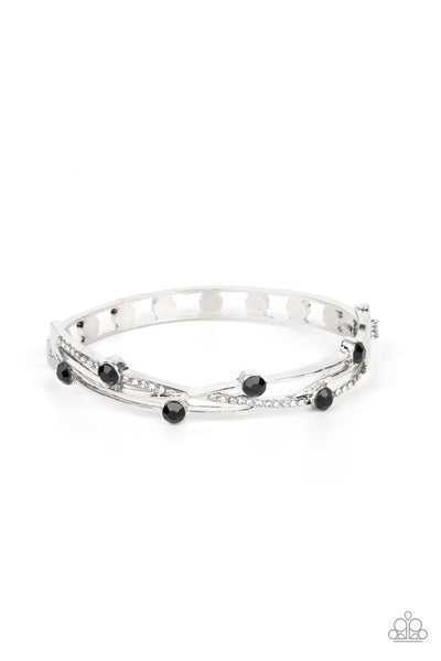 SLAMMIN SPARKLE - BLACK RHINESTONE SILVER HINGED BRACELET - PAPARAZZI