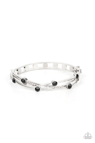 SLAMMIN SPARKLE - BLACK RHINESTONE SILVER HINGED BRACELET - PAPARAZZI