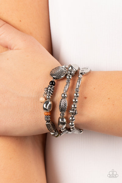 WESTERN QUEST - MULTI COLOR STONE SILVER STRETCHY BRACELET SET - PAPARAZZI