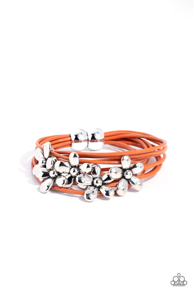 HERE COMES THE BLOOM - ORANGE LEATHER SILVER FLOWER MAGNET BRACELET - PAPARAZZI