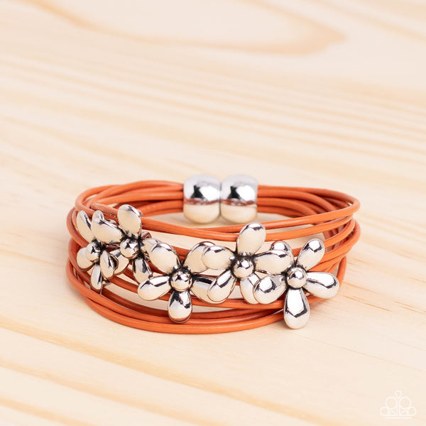 HERE COMES THE BLOOM - ORANGE LEATHER SILVER FLOWER MAGNET BRACELET - PAPARAZZI