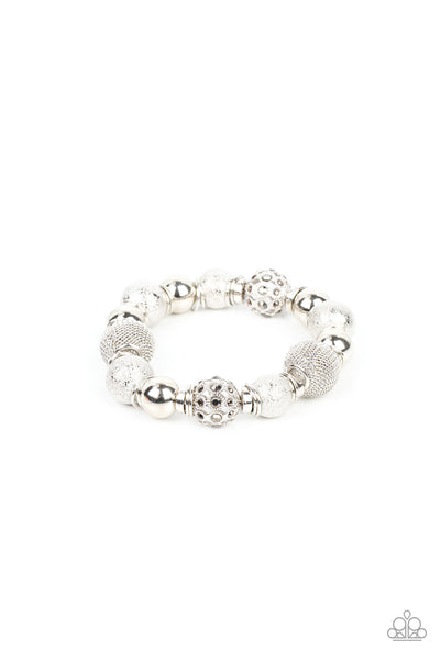 WE TOTALLY MESH - SILVER RHINESTONE SILVER MESH BEAD STRETCHY BRACELET - PAPARAZZI