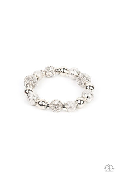WE TOTALLY MESH - WHITE RHINESTONE SILVER MESH BEAD STRETCHY BRACELET - PAPARAZZI