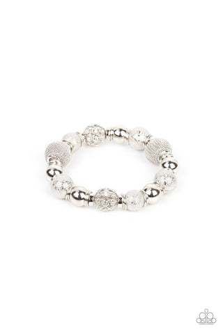 WE TOTALLY MESH - WHITE RHINESTONE SILVER MESH BEAD STRETCHY BRACELET - PAPARAZZI