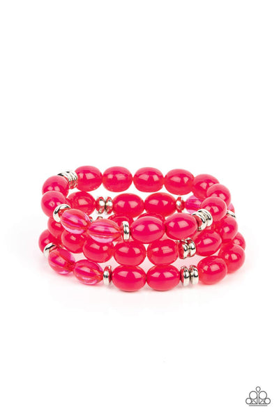 COASTAL COASTIN - PINK BEAD SILVER ACCENT STRETCHY BRACELET SET - PAPARAZZI