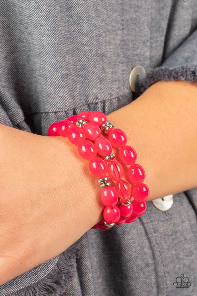 COASTAL COASTIN - PINK BEAD SILVER ACCENT STRETCHY BRACELET SET - PAPARAZZI