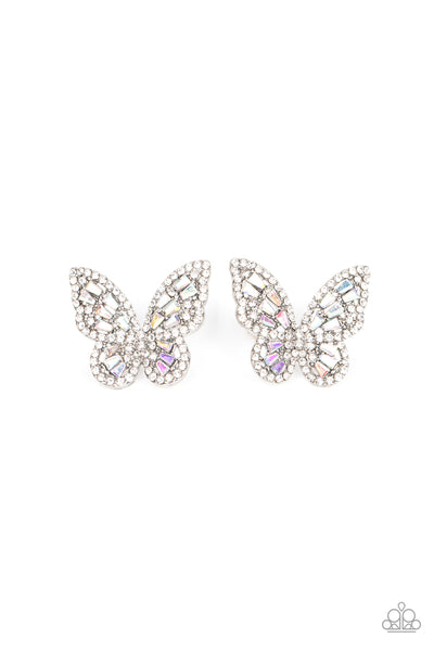 SMOOTH LIKE FLUTTER - MULTI IRIDESCENT RHINESTONE SILVER BUTTERFLY POST EARRINGS - PAPARAZZI