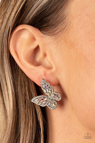 SMOOTH LIKE FLUTTER - MULTI IRIDESCENT RHINESTONE SILVER BUTTERFLY POST EARRINGS - PAPARAZZI