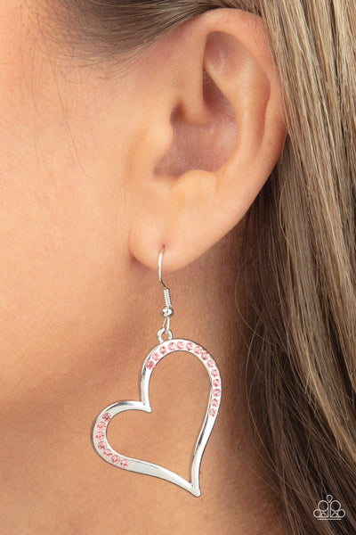 TENDERHEARTED TWINKLE - PINK RHINESTONE SILVER HEART EARRINGS - PAPARAZZI