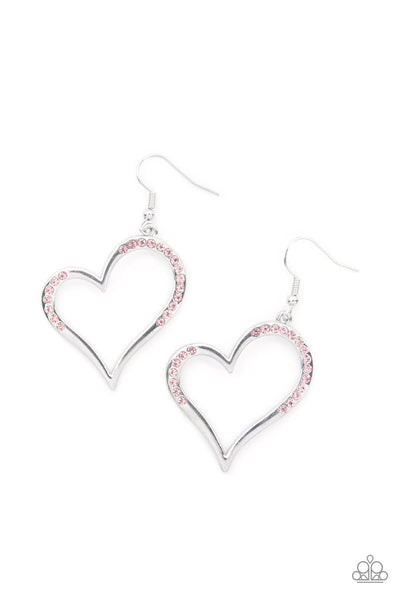 TENDERHEARTED TWINKLE - PINK RHINESTONE SILVER HEART EARRINGS - PAPARAZZI