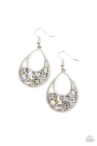 REGAL RECREATION - WHITE AND IRIDESCENT RHINESTONE SILVER TEARDROP EARRINGS - PAPARAZZI