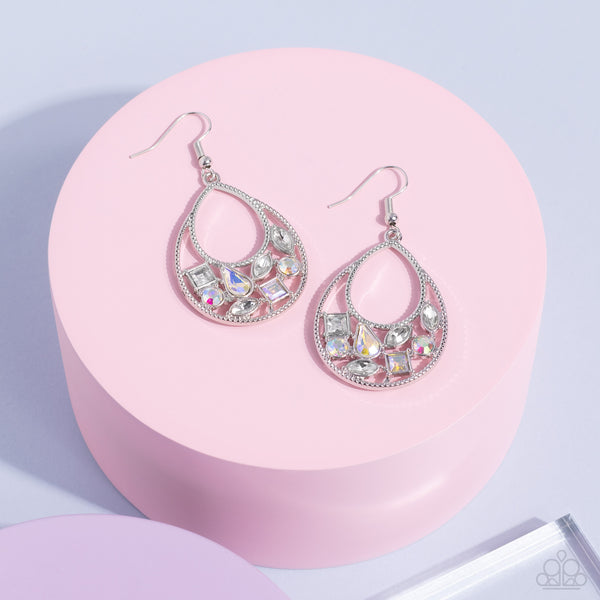 REGAL RECREATION - WHITE AND IRIDESCENT RHINESTONE SILVER TEARDROP EARRINGS - PAPARAZZI