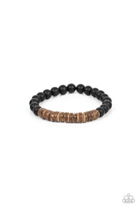 RECREATIONAL REMEDY - BROWN WOODEN DISC BLACK STONE BEAD STRETCHY BRACELET