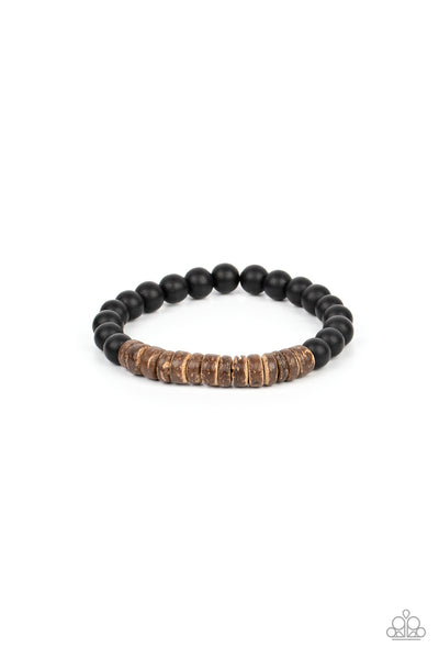 RECREATIONAL REMEDY - BROWN WOODEN DISC BLACK STONE BEAD STRETCHY BRACELET