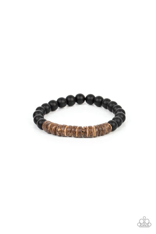 RECREATIONAL REMEDY - BROWN WOODEN DISC BLACK STONE BEAD STRETCHY BRACELET