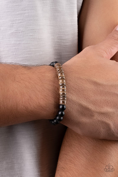 RECREATIONAL REMEDY - BROWN WOODEN DISC BLACK STONE BEAD STRETCHY BRACELET