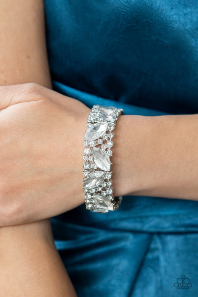 FULL BODY CHILLS - WHITE RHINESTONE SILVER STRETCHY BRACELET - PAPARAZZI