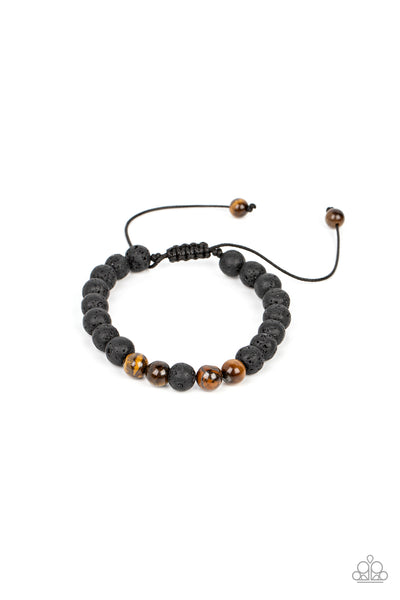 ALTERNATIVE ROCK - BROWN TIGERS EYE BLACK LAVA ROCK URBAN SLIDE BRACELET - PAPARAZZI