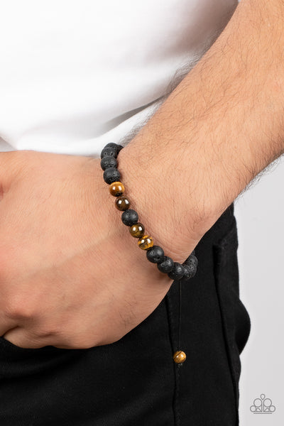 ALTERNATIVE ROCK - BROWN TIGERS EYE BLACK LAVA ROCK URBAN SLIDE BRACELET - PAPARAZZI