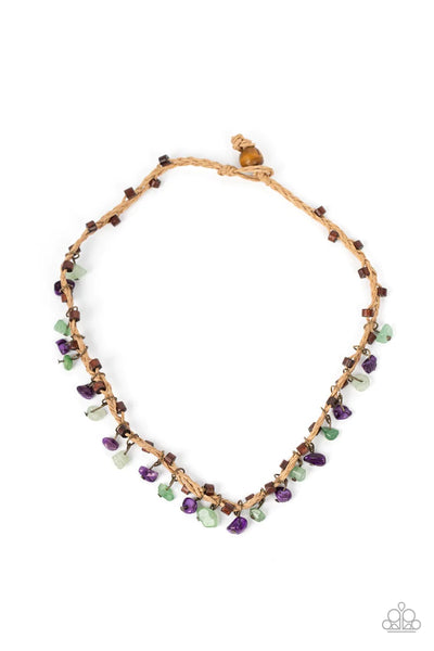 CANYON VOYAGE - MULTI COLOR STONE PEBBLE BROWN CORD URBAN NECKLACE - PAPARAZZI