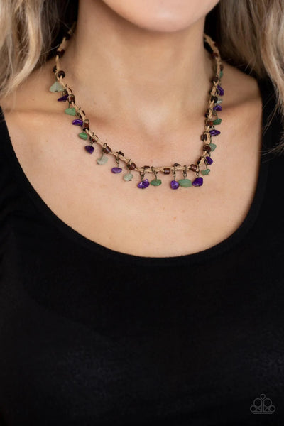 CANYON VOYAGE - MULTI COLOR STONE PEBBLE BROWN CORD URBAN NECKLACE - PAPARAZZI