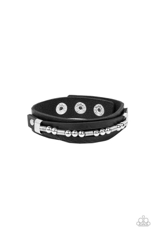EASY ON THE HARDWARE - BLACK LEATHER SILVER ACCENT URBAN WRAP BRACELET - PAPARAZZI
