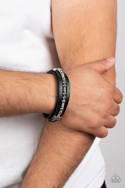 EASY ON THE HARDWARE - BLACK LEATHER SILVER ACCENT URBAN WRAP BRACELET - PAPARAZZI