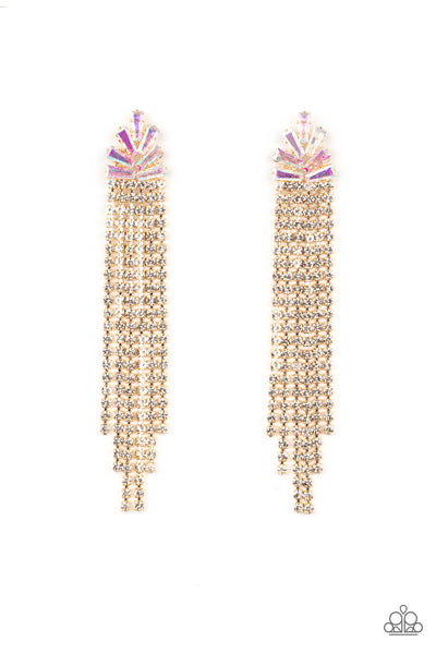 OVERNIGHT SENSATION - GOLD CHAIN FRINGE IRIDESCENT RHINESTONE POST EARRINGS - PAPARAZZI