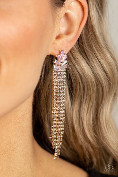 OVERNIGHT SENSATION - GOLD CHAIN FRINGE IRIDESCENT RHINESTONE POST EARRINGS - PAPARAZZI