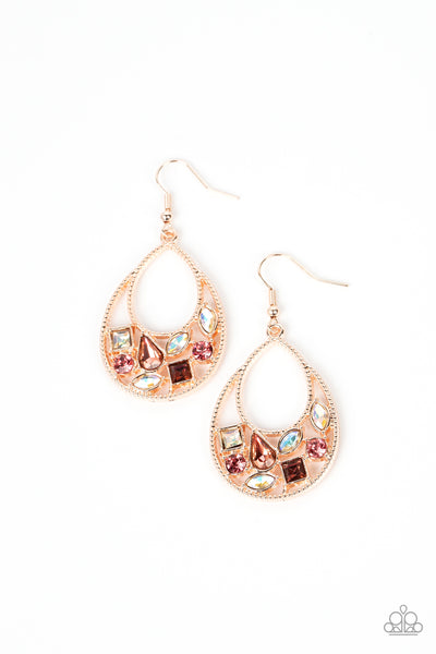 REGAL RECREATION - GOLD ROSE GOLD PINK AND IRIDESCETN GEM TEARDROP EARRINGS - PAPARAZZI
