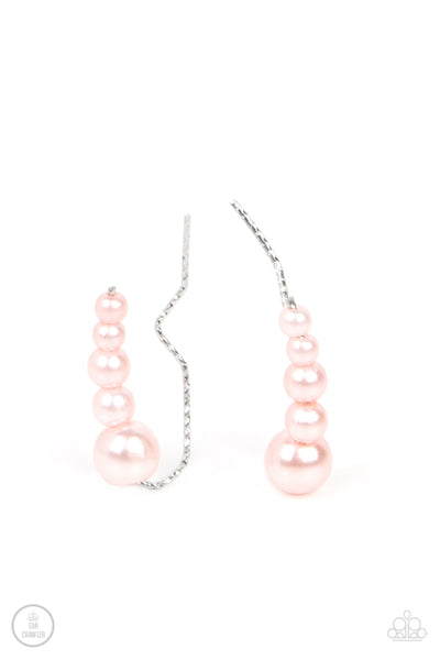 DROPPING INTO DIVINE - PINK PEARL SILVER CRAWLER EARRINGS - PAPARAZZI