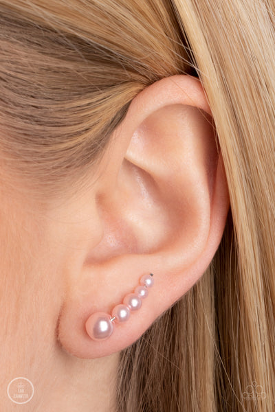 DROPPING INTO DIVINE - PINK PEARL SILVER CRAWLER EARRINGS - PAPARAZZI