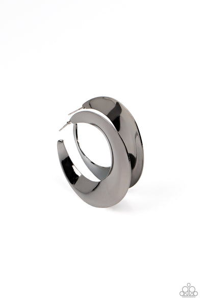 POWER CURVES - BLACK GUNMETAL HOOP EARRINGS - PAPARAZZI