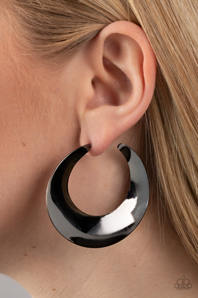 POWER CURVES - BLACK GUNMETAL HOOP EARRINGS - PAPARAZZI