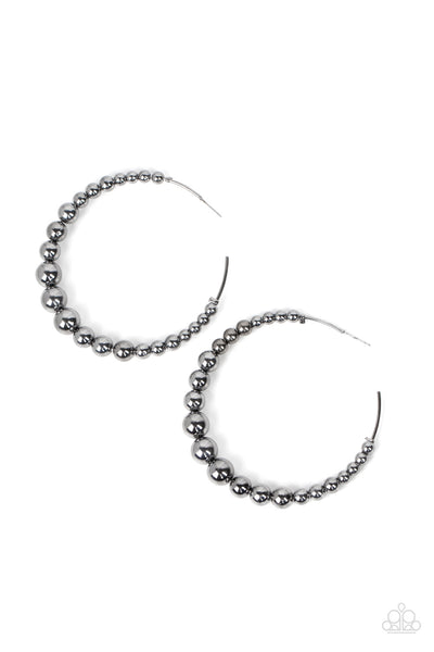 SHOW OFF YOUR CURVES - BLACK GUNMETAL BEAD HOOP EARRINGS - PAPARAZZI