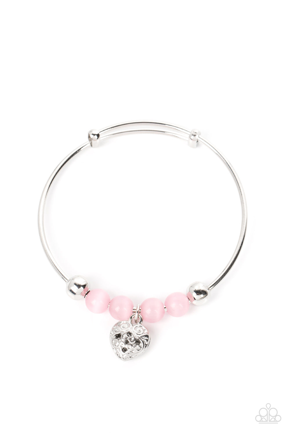 VINTAGE VOWS - PINK CAT'S EYE STONE SILVER HEART BANGLE BRACELET - PAPARAZZI