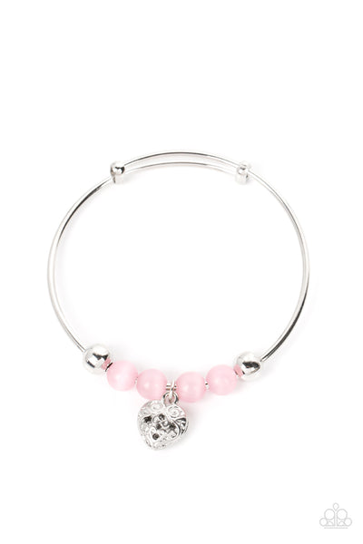 VINTAGE VOWS - PINK CAT'S EYE STONE SILVER HEART BANGLE BRACELET - PAPARAZZI