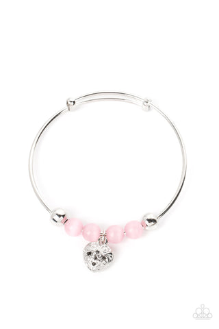 VINTAGE VOWS - PINK CAT'S EYE STONE SILVER HEART BANGLE BRACELET - PAPARAZZI