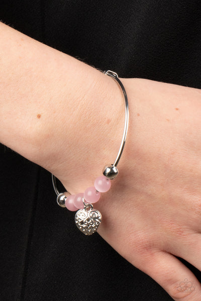 VINTAGE VOWS - PINK CAT'S EYE STONE SILVER HEART BANGLE BRACELET - PAPARAZZI