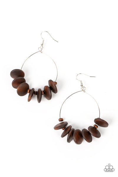 SURF CAMP - BROWN WOODEN DISC SILVER TEARDROP EARRINGS - PAPARAZZI