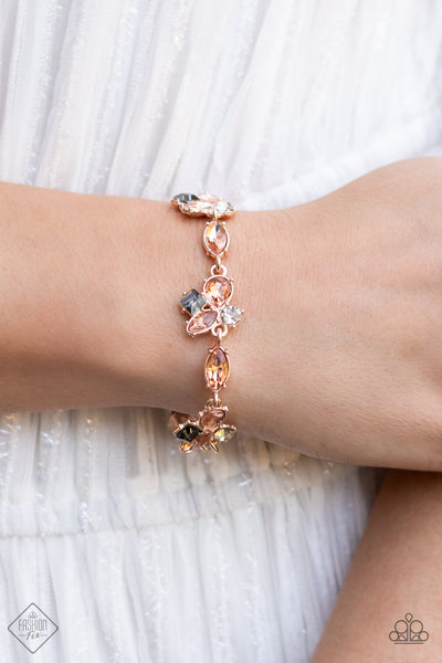 COLORFUL CAPTIVATION - ROSE GOLD PEACH GEM WHITE SMOKY RHINESTONE BRACELET - PAPARAZZI FASHION FIX APRIL 2022