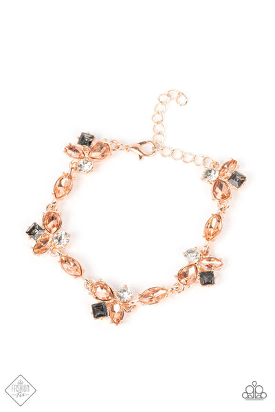 COLORFUL CAPTIVATION - ROSE GOLD PEACH GEM WHITE SMOKY RHINESTONE BRACELET - PAPARAZZI FASHION FIX APRIL 2022