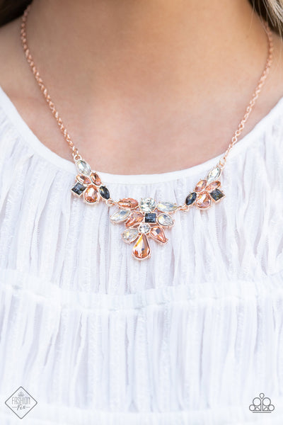 COMPLETELY CAPTIVATED - ROSE GOLD PEACH SMOKY WHITE GEM NECKLACE - PAPARAZZI FASHION FIX APRIL 2022