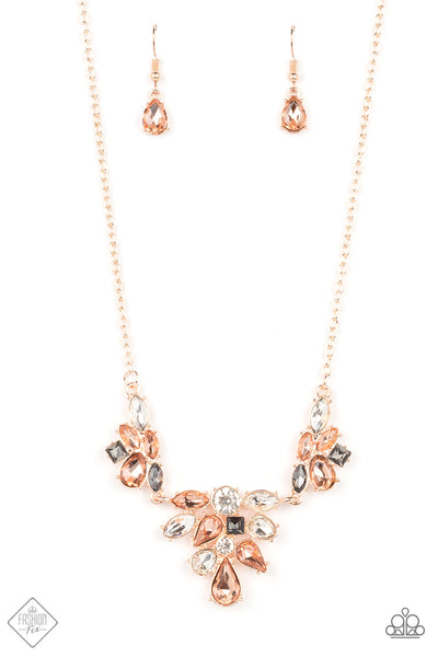 COMPLETELY CAPTIVATED - ROSE GOLD PEACH SMOKY WHITE GEM NECKLACE - PAPARAZZI FASHION FIX APRIL 2022
