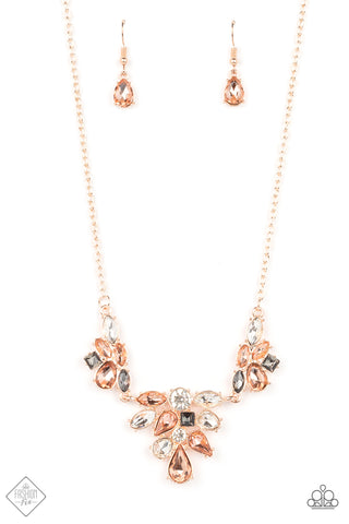 COMPLETELY CAPTIVATED - ROSE GOLD PEACH SMOKY WHITE GEM NECKLACE - PAPARAZZI FASHION FIX APRIL 2022