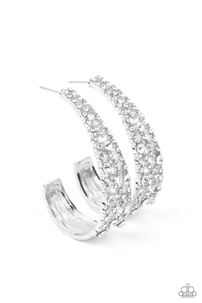 COLD AS ICE - WHITE RHINESTONE SILVER HOOP EARRINGS - PAPARAZZI - LIFE OF THE PARTY APRIL 2022