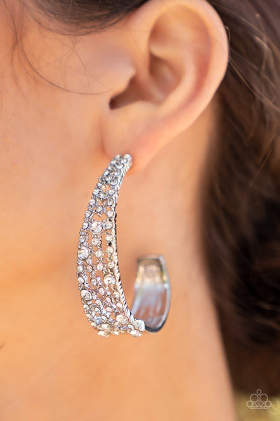 COLD AS ICE - WHITE RHINESTONE SILVER HOOP EARRINGS - PAPARAZZI - LIFE OF THE PARTY APRIL 2022