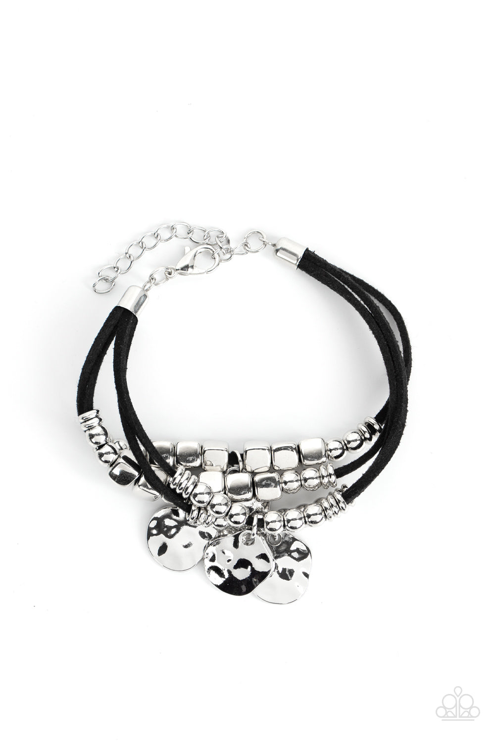 TOKEN TREK -SILVER DISC BLACK SUEDE CORD BRACELET - PAPARAZZI